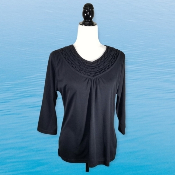 La Madona Black Polyester Knit Top With Ornate V-neck Collar - Picture 1 of 7
